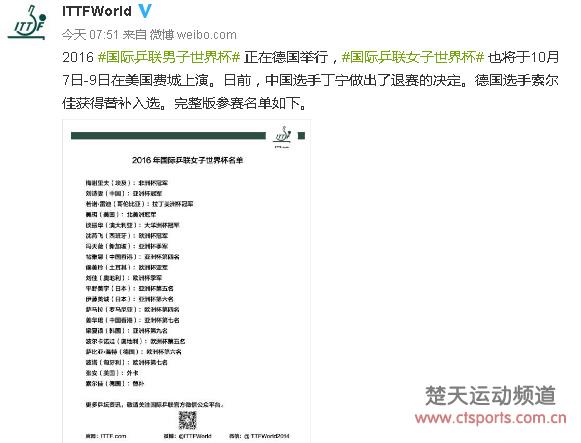 丁宁临时退赛　刘诗雯独扛大旗赴战女乒世界杯争冠